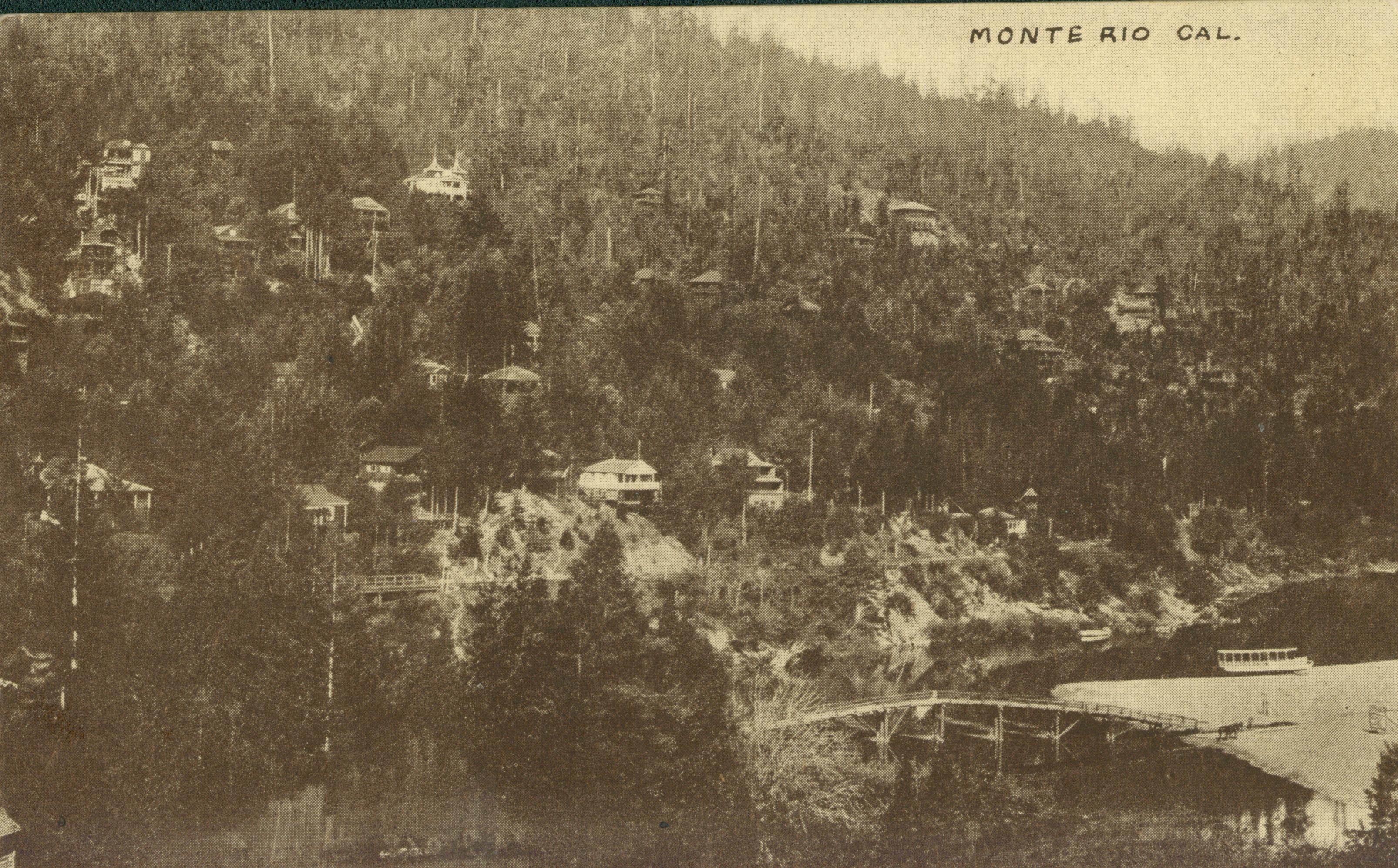 Shows a view of Monte Rio with building nestled in and amongst trees